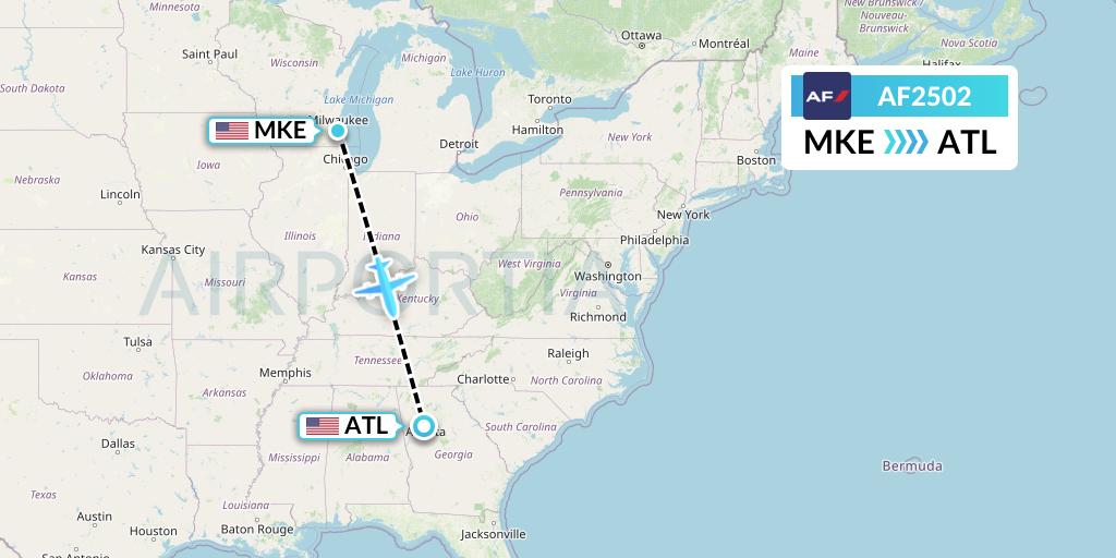 AF2502 Air France Flight Map: Milwaukee to Atlanta