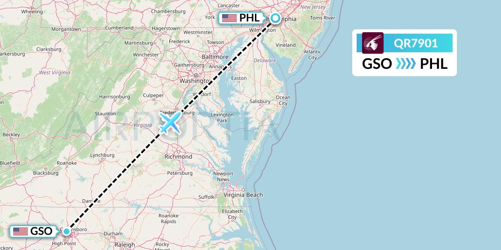 QR7901 Qatar Airways Flight Map: Greensboro to Philadelphia