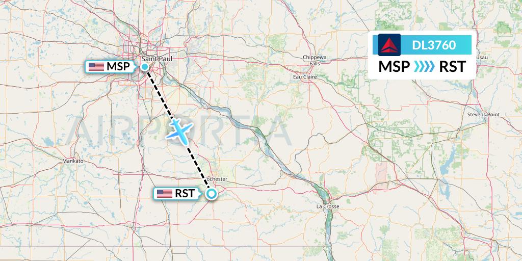DL3760 Delta Air Lines Flight Map: Minneapolis to Rochester