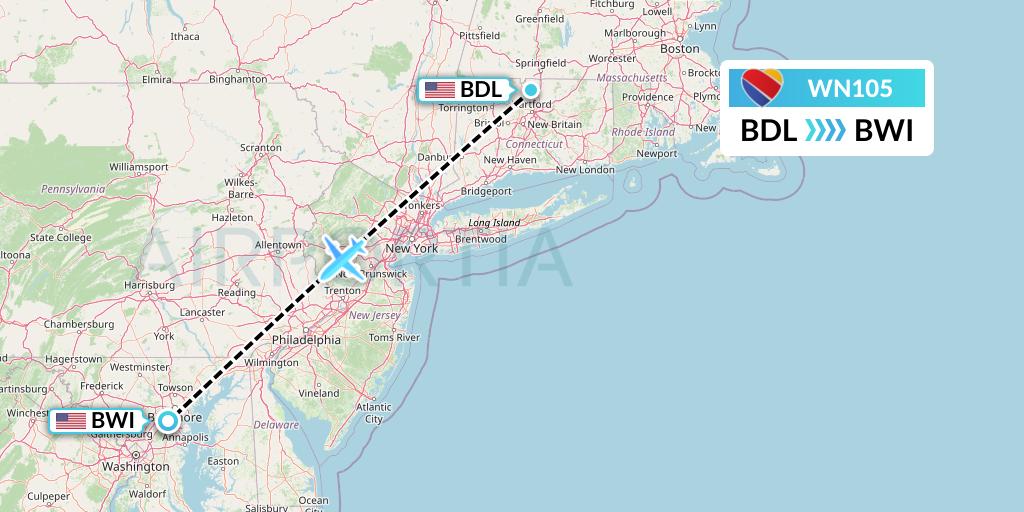 WN105 Southwest Airlines Flight Map: Windsor Locks to Baltimore