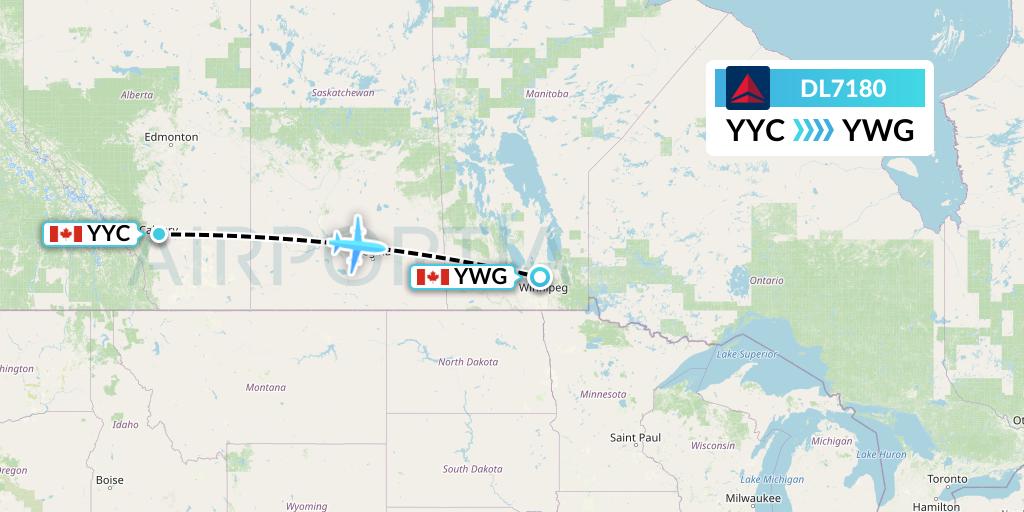 DL7180 Delta Air Lines Flight Map: Calgary to Winnipeg