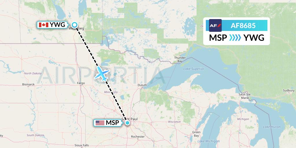 AF8685 Air France Flight Map: Minneapolis to Winnipeg