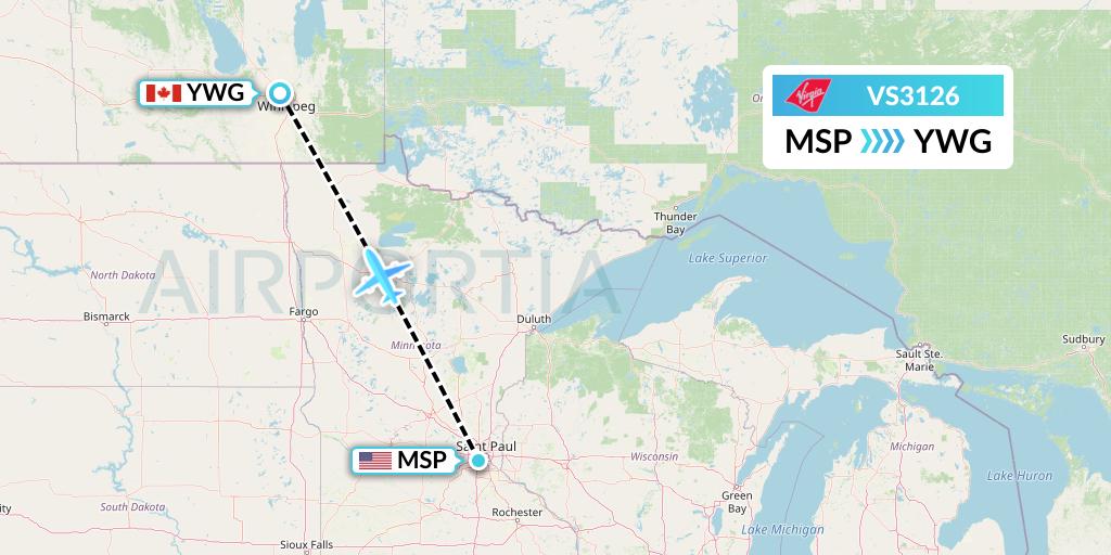 VS3126 Virgin Atlantic Airways Flight Map: Minneapolis to Winnipeg