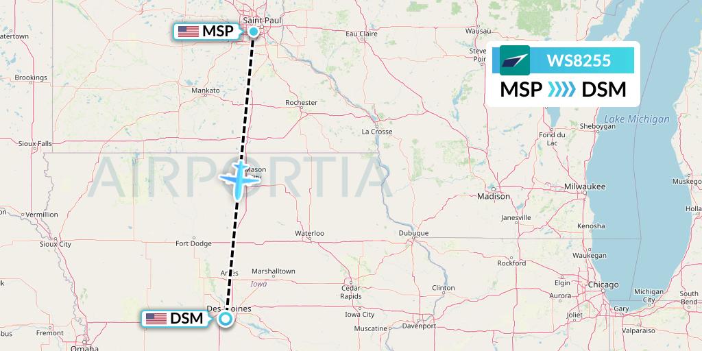 WS8255 WestJet Flight Map: Minneapolis to Des Moines