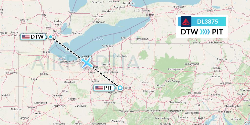 DL3875 Delta Air Lines Flight Map: Detroit to Pittsburgh