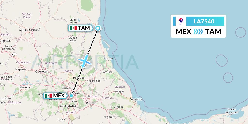 LA7540 LAN Airlines Flight Map: Mexico City to Tampico