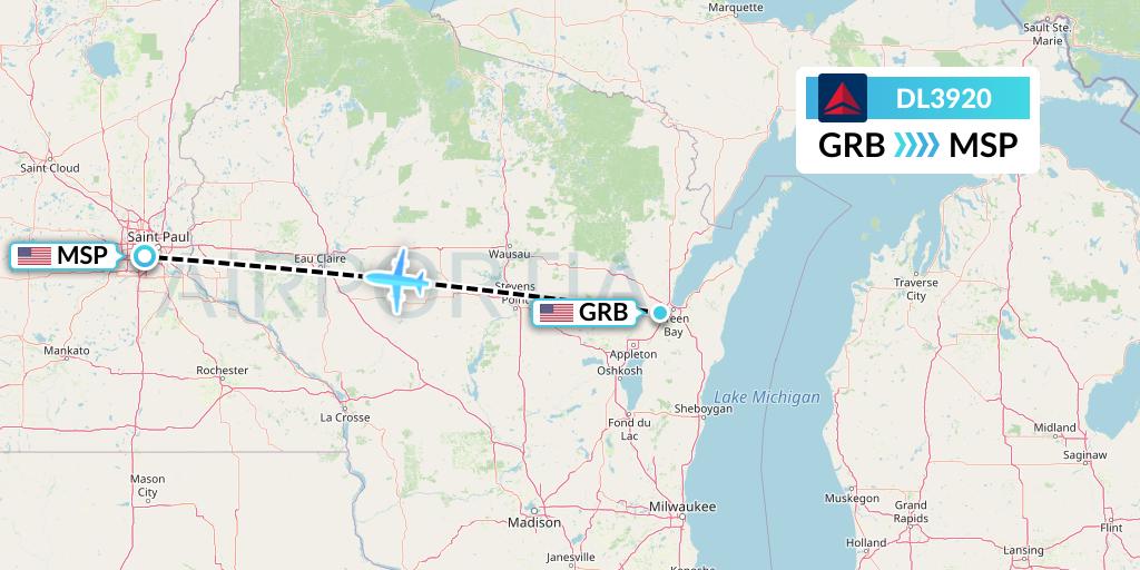 DL3920 Delta Air Lines Flight Map: Green Bay to Minneapolis