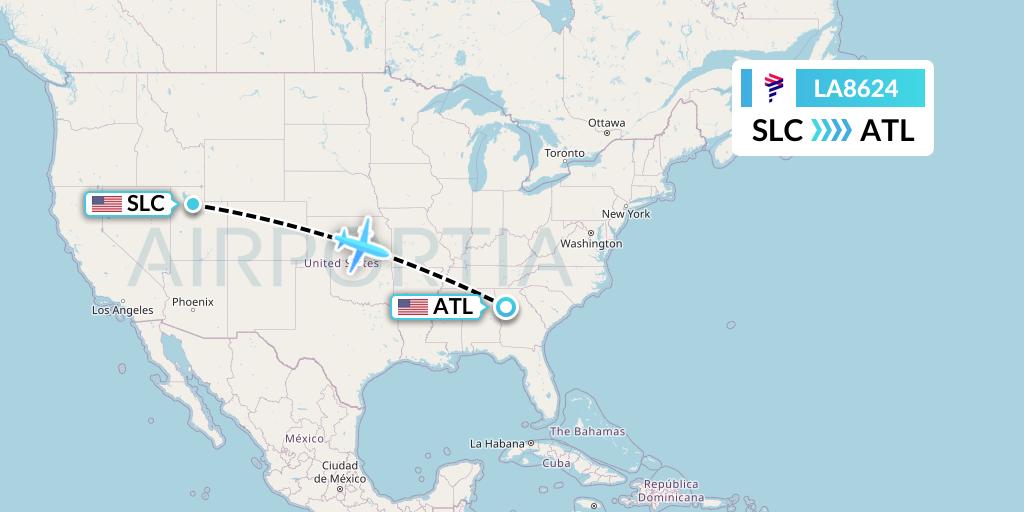 LA8624 LAN Airlines Flight Map: Salt Lake City to Atlanta