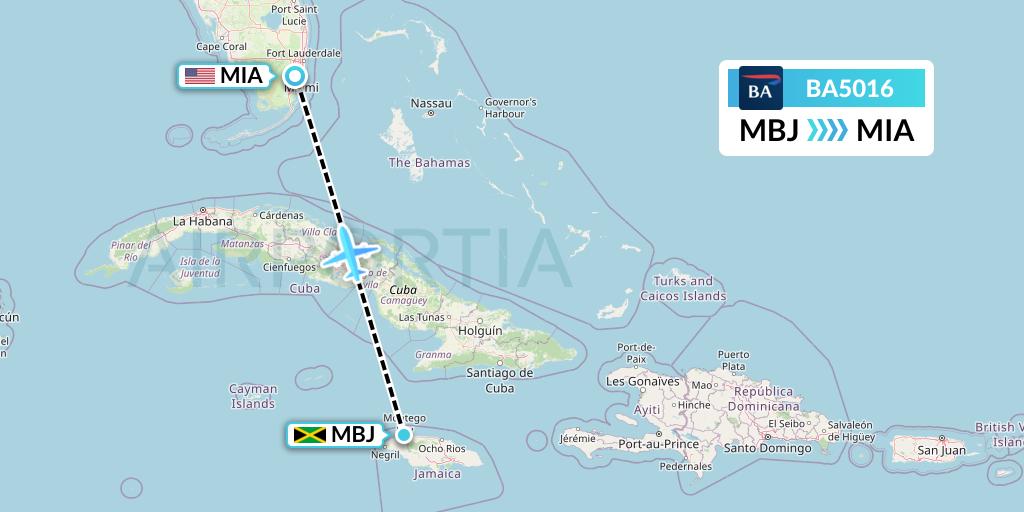 BA5016 British Airways Flight Map: Montego Bay to Miami