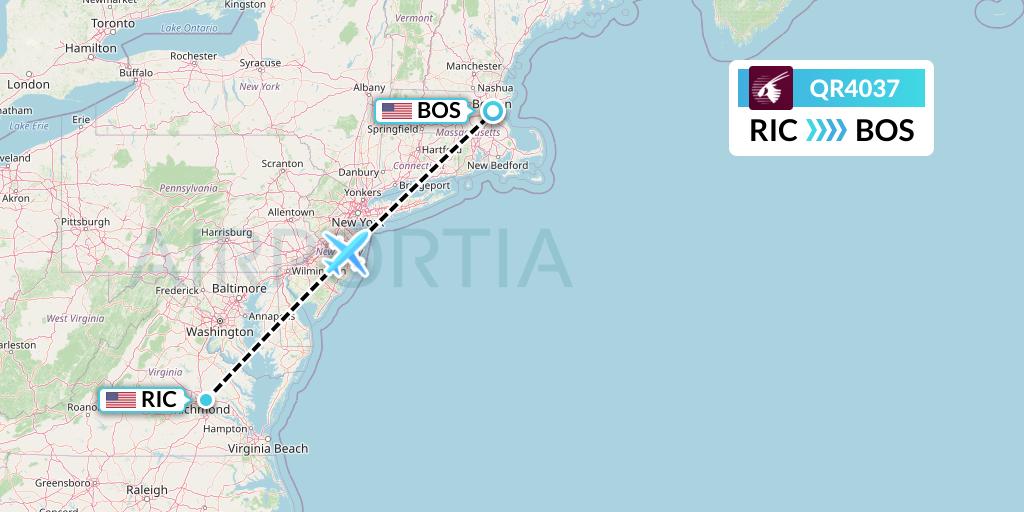 QR4037 Qatar Airways Flight Map: Richmond to Boston