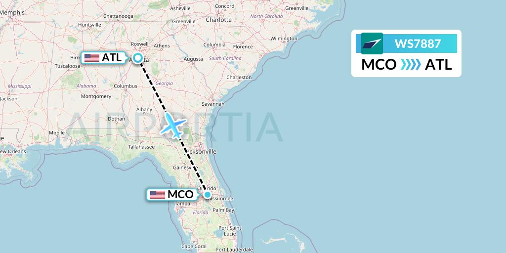 WS7887 WestJet Flight Map: Orlando to Atlanta