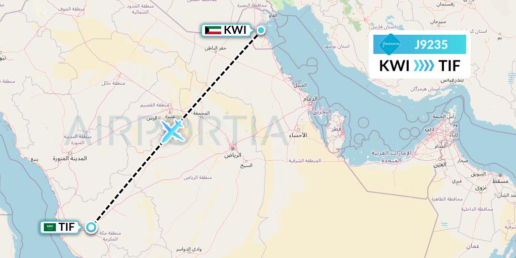 J9235 Jazeera Airways Flight Map: Kuwait City to Taif