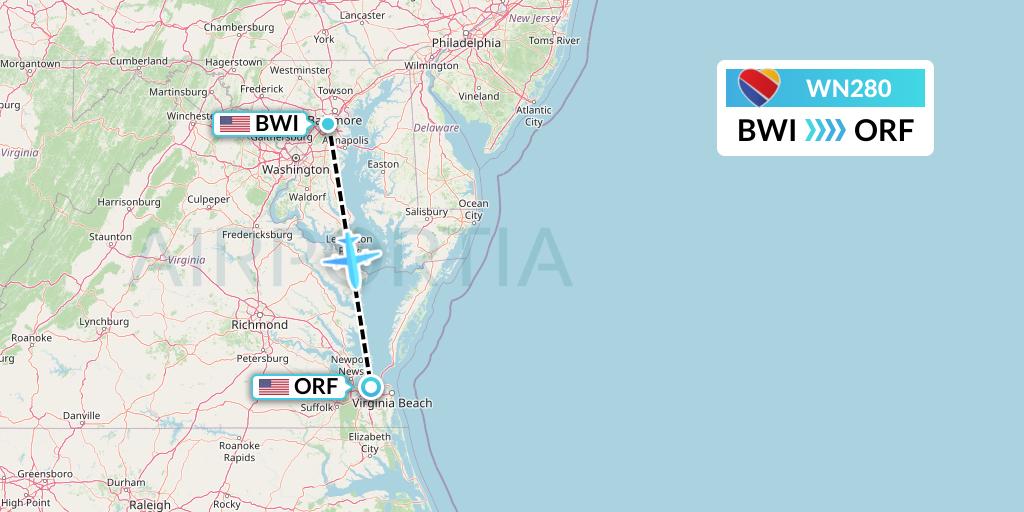 WN280 Southwest Airlines Flight Map: Baltimore to Norfolk