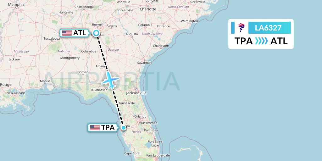 LA6327 LAN Airlines Flight Map: Tampa to Atlanta
