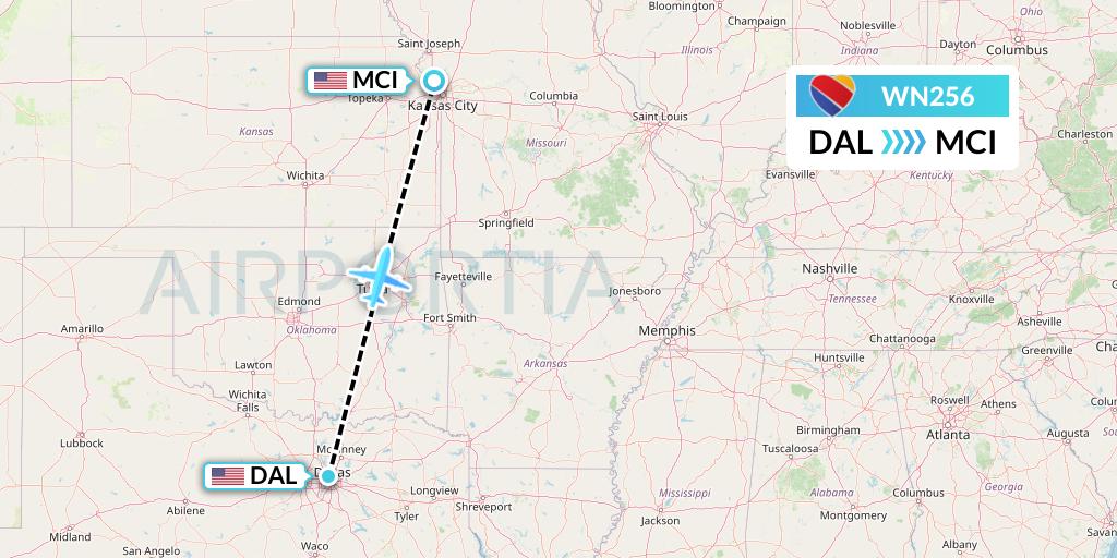 WN256 Southwest Airlines Flight Map: Dallas to Kansas City