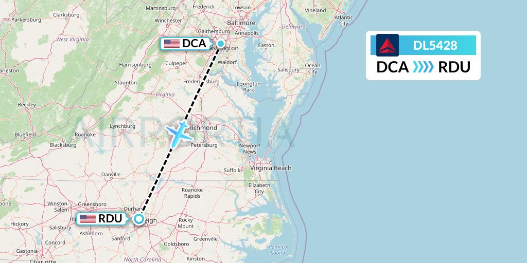 DL5428 Delta Air Lines Flight Map: Washington to Raleigh-Durham