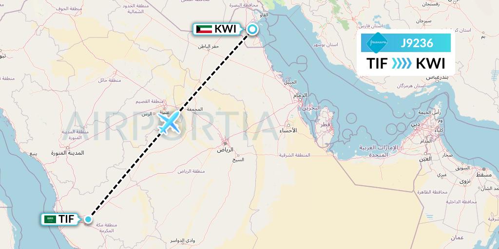 J9236 Jazeera Airways Flight Map: Taif to Kuwait City