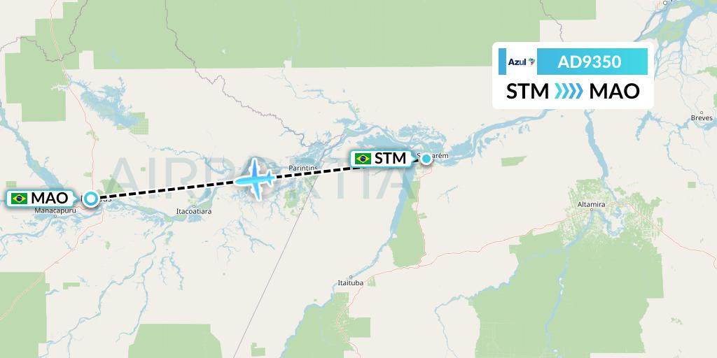 AD9350 Azul Brazilian Airlines Flight Map: Santarem to Manaus