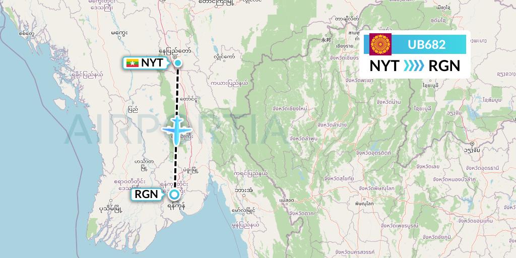 UB682 Myanmar National Airlines Flight Map: Naypyidaw to Yangon