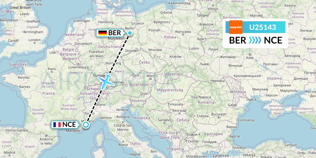 U25143 EasyJet Flight Map: Berlin to Nice