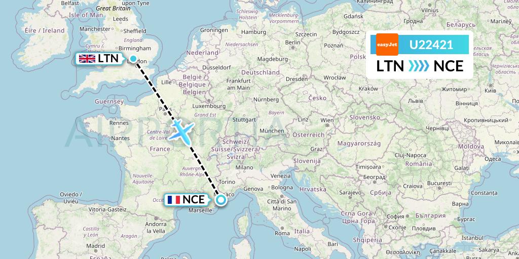 U22421 EasyJet Flight Map: London to Nice