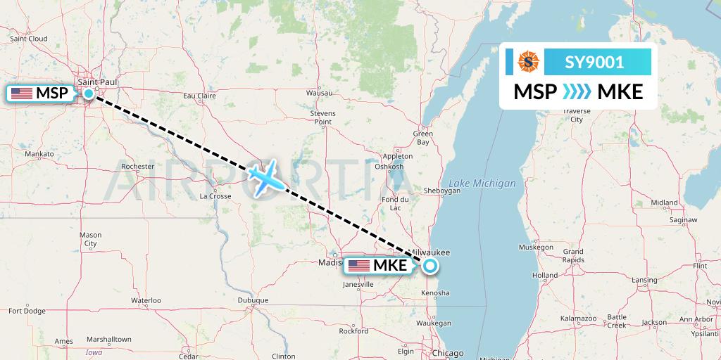 SY9001 Sun Country Airlines Flight Map: Minneapolis to Milwaukee