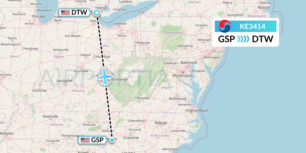 KE3414 Korean Air Flight Map: Greenville-Spartanburg to Detroit
