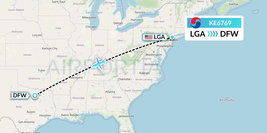 KE6769 Korean Air Flight Map: New York to Dallas