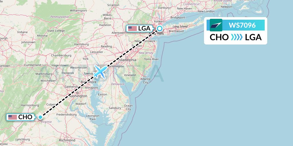 WS7096 WestJet Flight Map: Charlottesville to New York