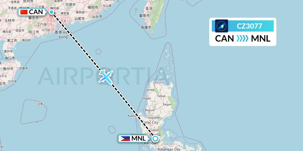 CZ3077 China Southern Airlines Flight Map: Guangzhou to Manila