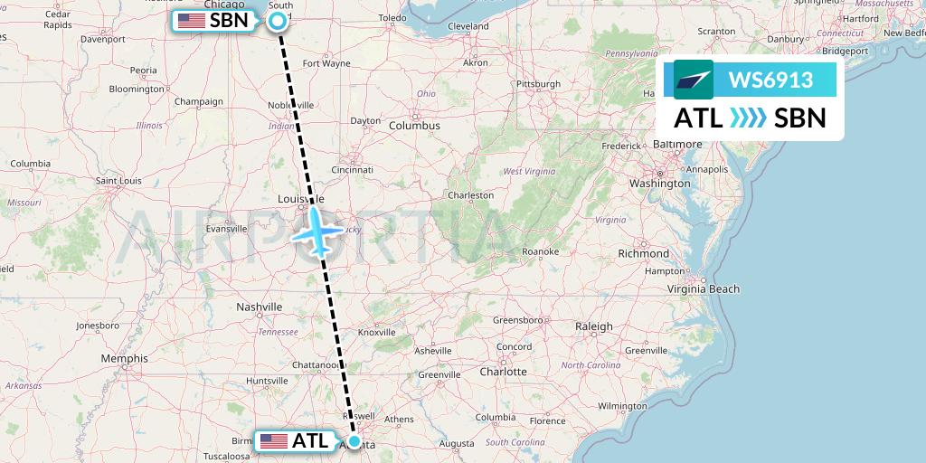 WS6913 WestJet Flight Map: Atlanta to South Bend