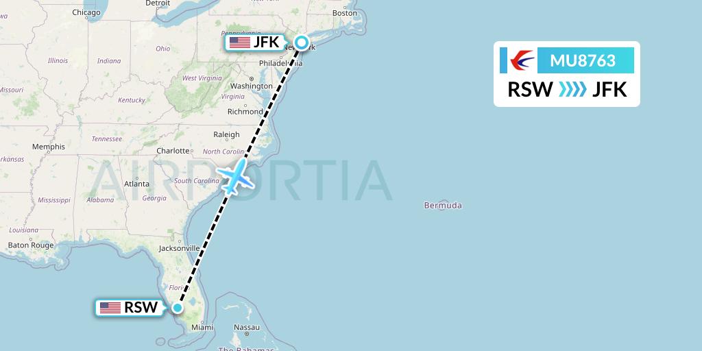 MU8763 China Eastern Airlines Flight Map: Fort Myers to New York