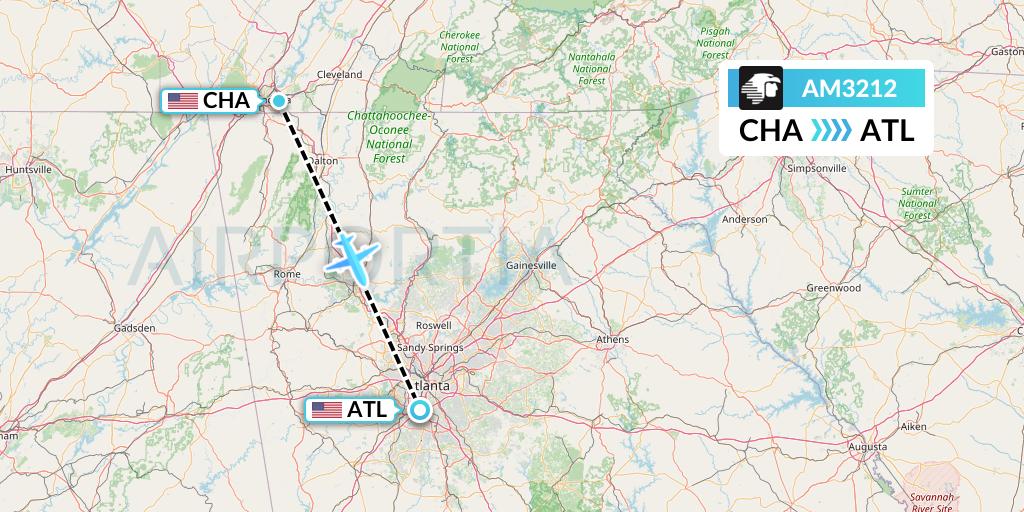 AM3212 Aeromexico Flight Map: Chattanooga to Atlanta