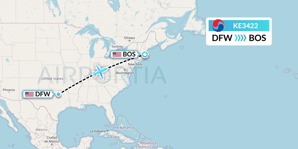 KE3422 Korean Air Flight Map: Dallas to Boston