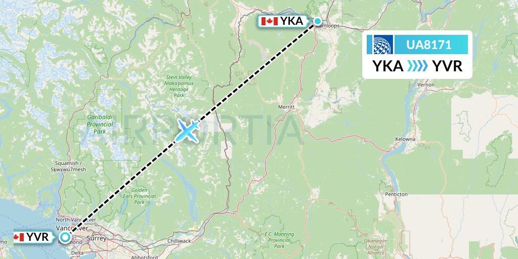 UA8171 United Airlines Flight Map: Kamloops to Vancouver