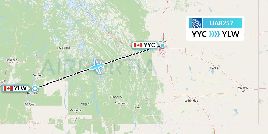 UA8257 United Airlines Flight Map: Calgary to Kelowna