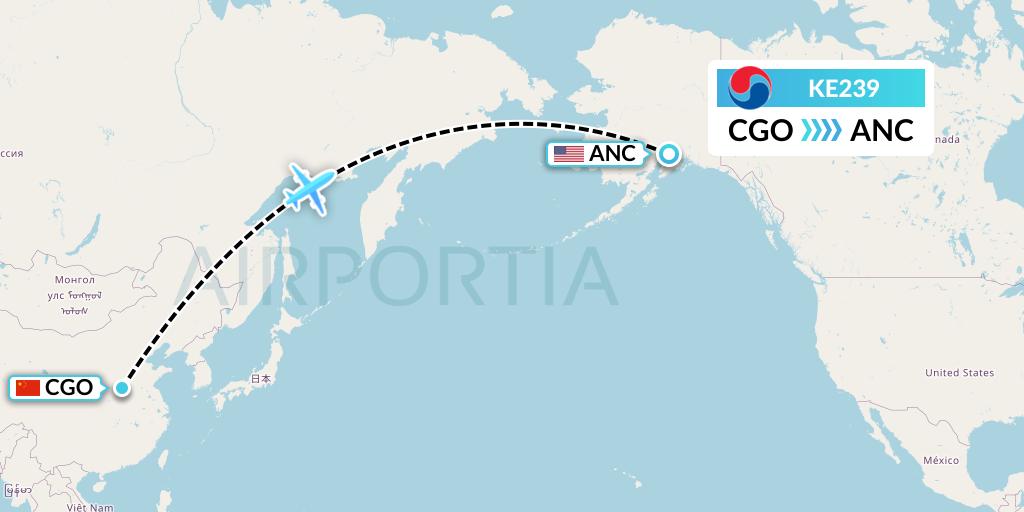 KE239 Korean Air Flight Map: Zhengzhou to Anchorage