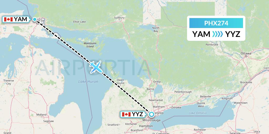 PHX274 SkyCare Flight Map: Sault Ste. Marie to Toronto