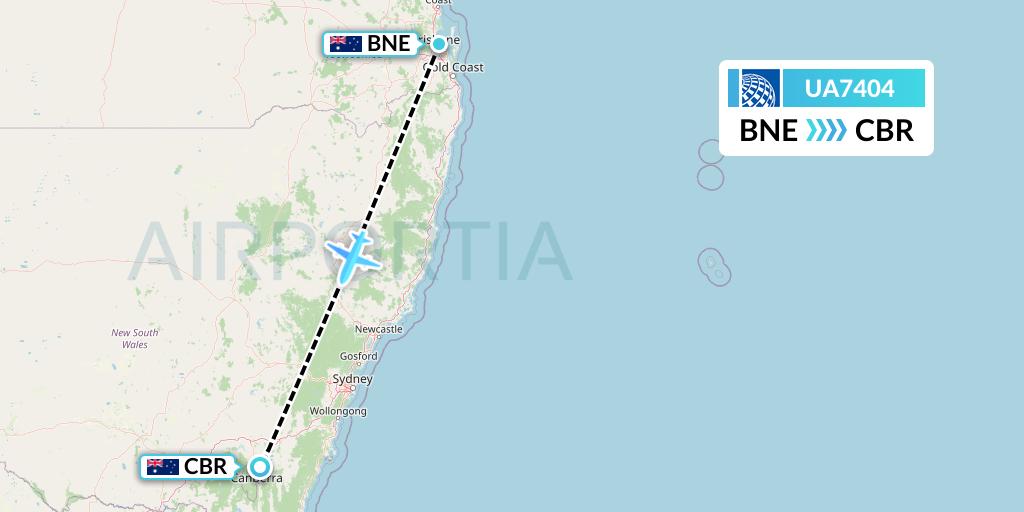 UA7404 United Airlines Flight Map: Brisbane to Canberra