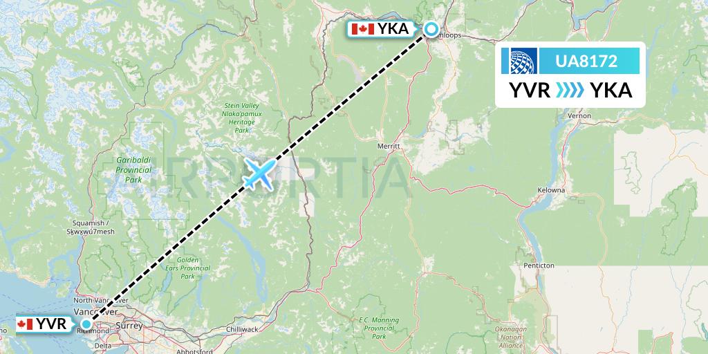 UA8172 United Airlines Flight Map: Vancouver to Kamloops