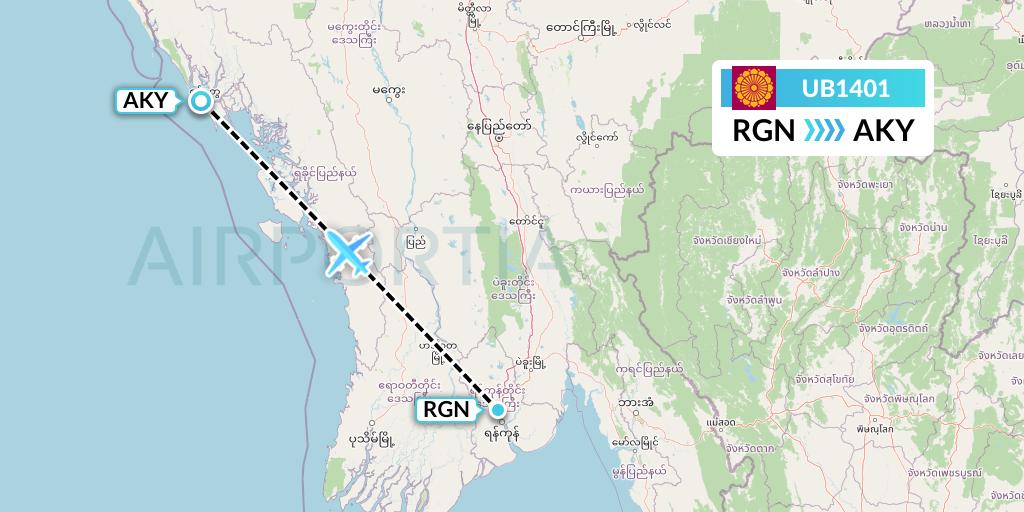 UB1401 Myanmar National Airlines Flight Map: Yangon to Sittwe