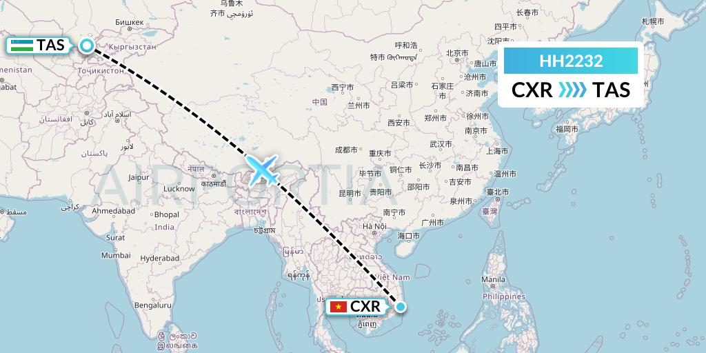 HH2232 Qanot Sharq Flight Map: Nha Trang to Tashkent