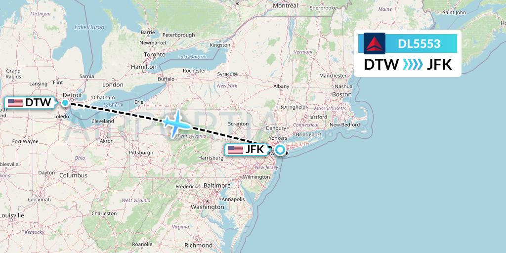 DL5553 Delta Air Lines Flight Map: Detroit to New York