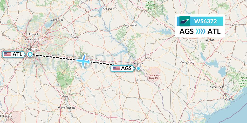 WS6372 WestJet Flight Map: Augusta to Atlanta