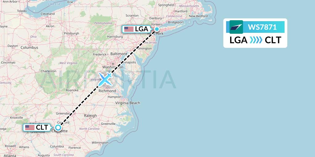WS7871 WestJet Flight Map: New York to Charlotte