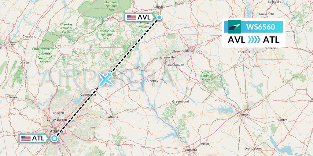 WS6560 WestJet Flight Map: Asheville to Atlanta