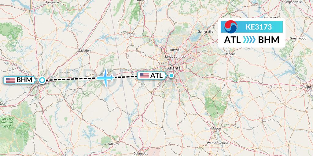 KE3173 Korean Air Flight Map: Atlanta to Birmingham