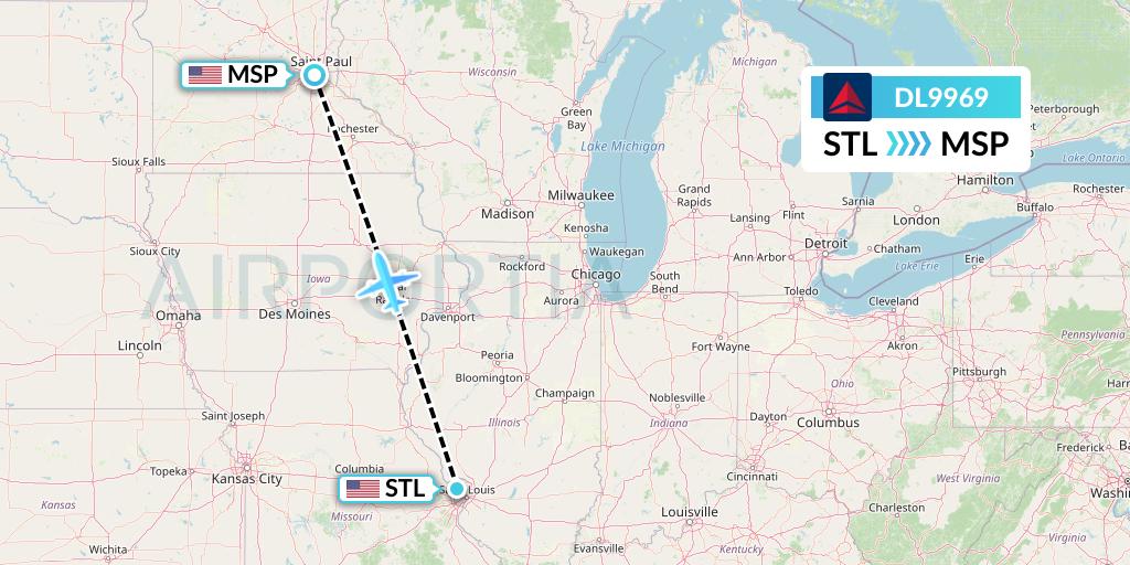 DL9969 Delta Air Lines Flight Map: St. Louis to Minneapolis