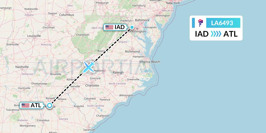 LA6493 LAN Airlines Flight Map: Washington to Atlanta