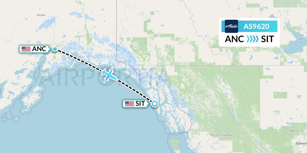 AS9620 Alaska Airlines Flight Map: Anchorage to Sitka